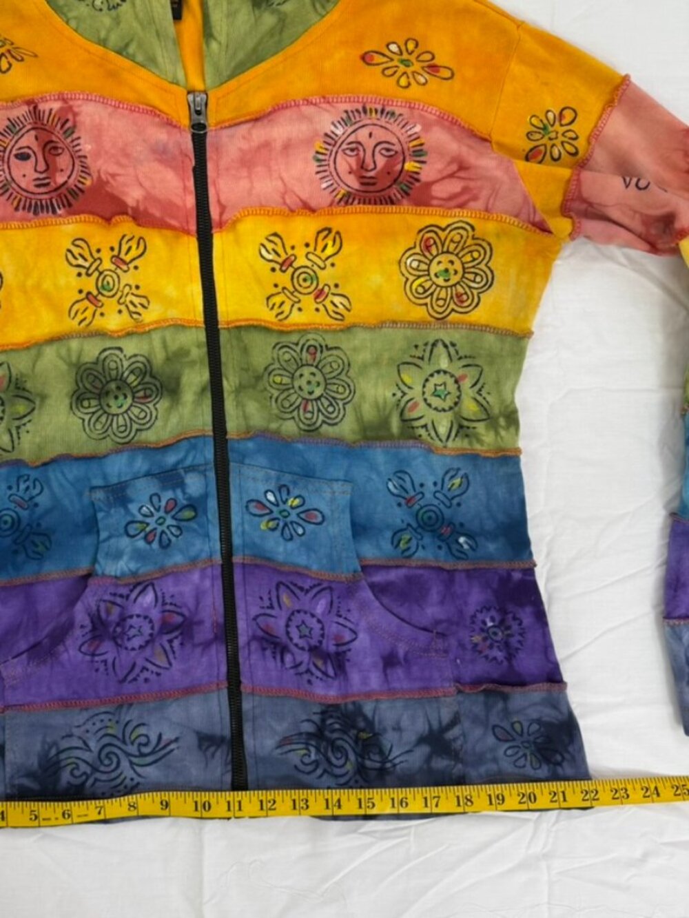 Rising International Rainbow Patchwork Hoodie Women’s XL Boho Hippie Tie Dye - Picture 9 of 10